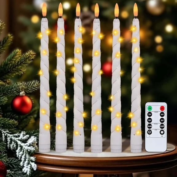 HIDAWN 6Pack Twisted Flameless Taper Candles with Fairy String Lights, Battery Operated Remote Timer 3D Flame Wick Flickering LED Electric Candlesticks Fake Window Candles-White