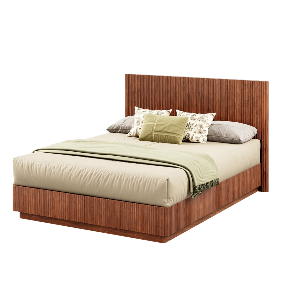 Luckynote Queen Size Bed Frame with LED Lights, Modern Wooden Corrugated Curved Lines, Convex Groove Board Design, Walnut.