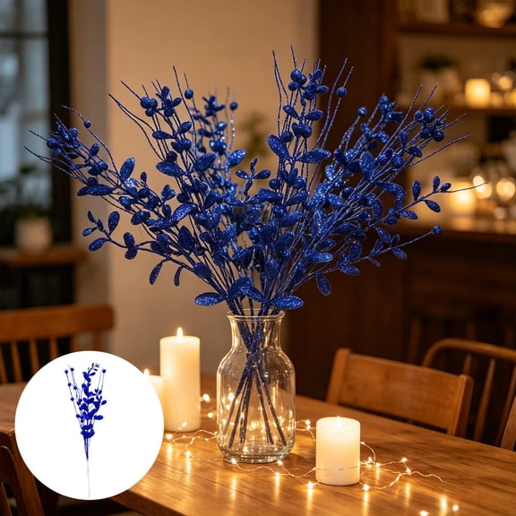 2 Pack Faux Berry Flower Stems, 16.5 In Blue Glitter Patriotic Floral Branch Arrangement for Independence Day Mantel Table Vase Home Decor