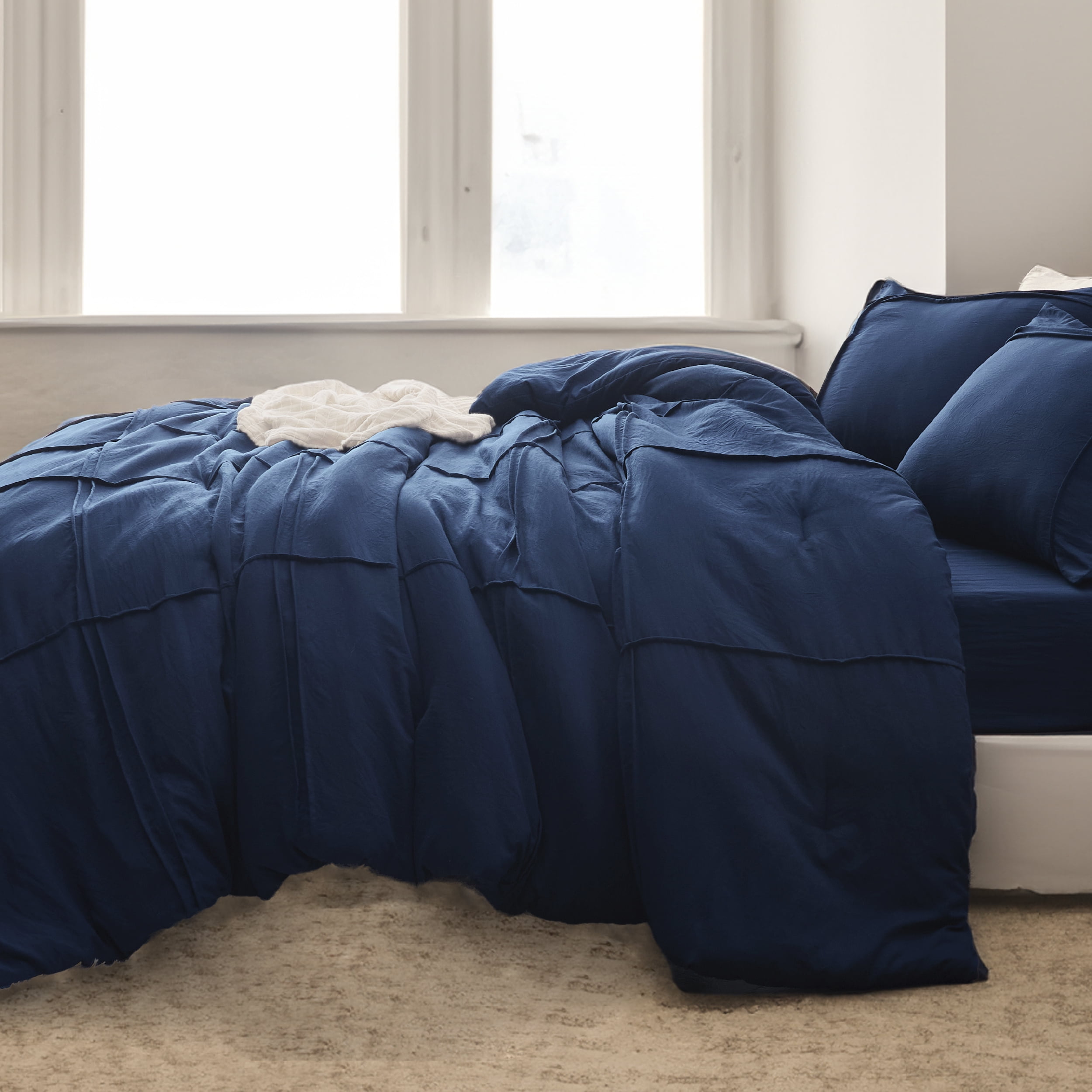 Cozy Comfort Queen Comforter Set with Sheet - 4 Pieces Soft Navy Blue Bedding Sets, Grid Pinch Pleat, All Season Lightweight Fluffy Bed Set