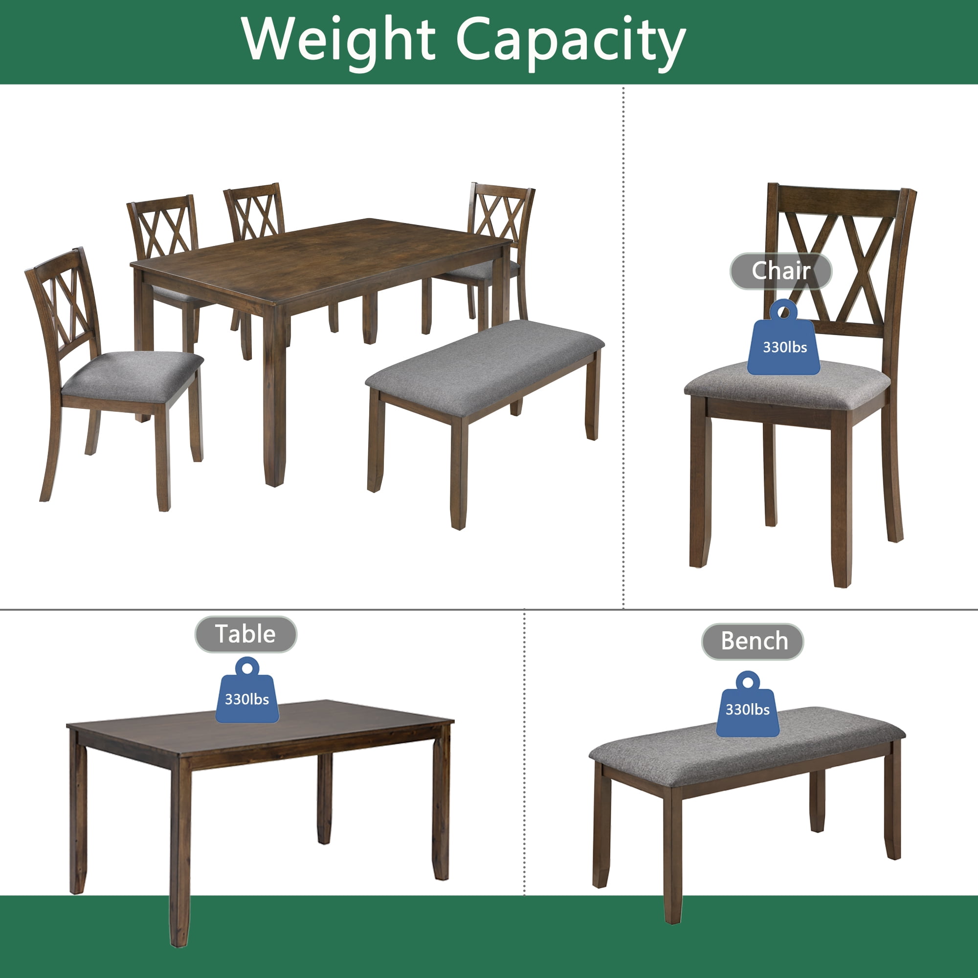 BSHTI 58.5" Acacia Wood & MDF 6-Piece Dining Table Set with Vertical X-Back Upholstered Chairs and Bench for Dining Room(Walnut)