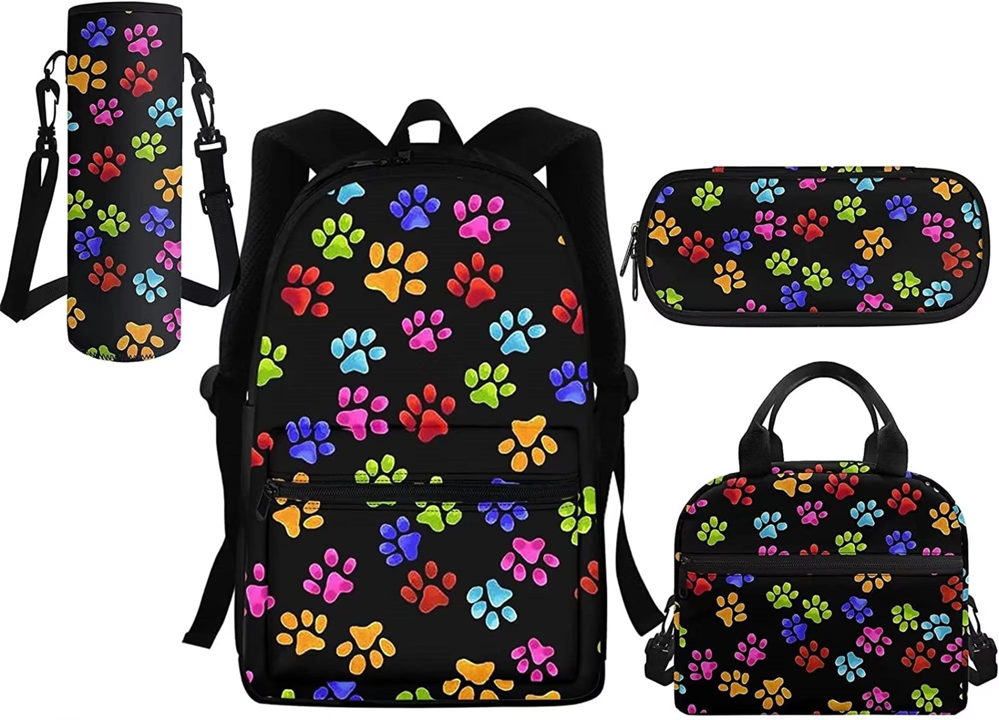 Pzuqiu Black Heart Corgi Paw Backpack with Lunch Box Girls Book Bags Ages  6-8 Elementary Middle School Bags Kids Lunchbag Insulated Tote Pencil Case