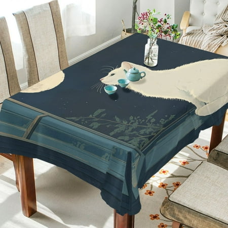 

WOBOGO White Cat Enjoying The Moon Square Tablecloth 60×120in Polyester Fabric Tablecloth Washable Dust Resistant Wrinkle Resistant