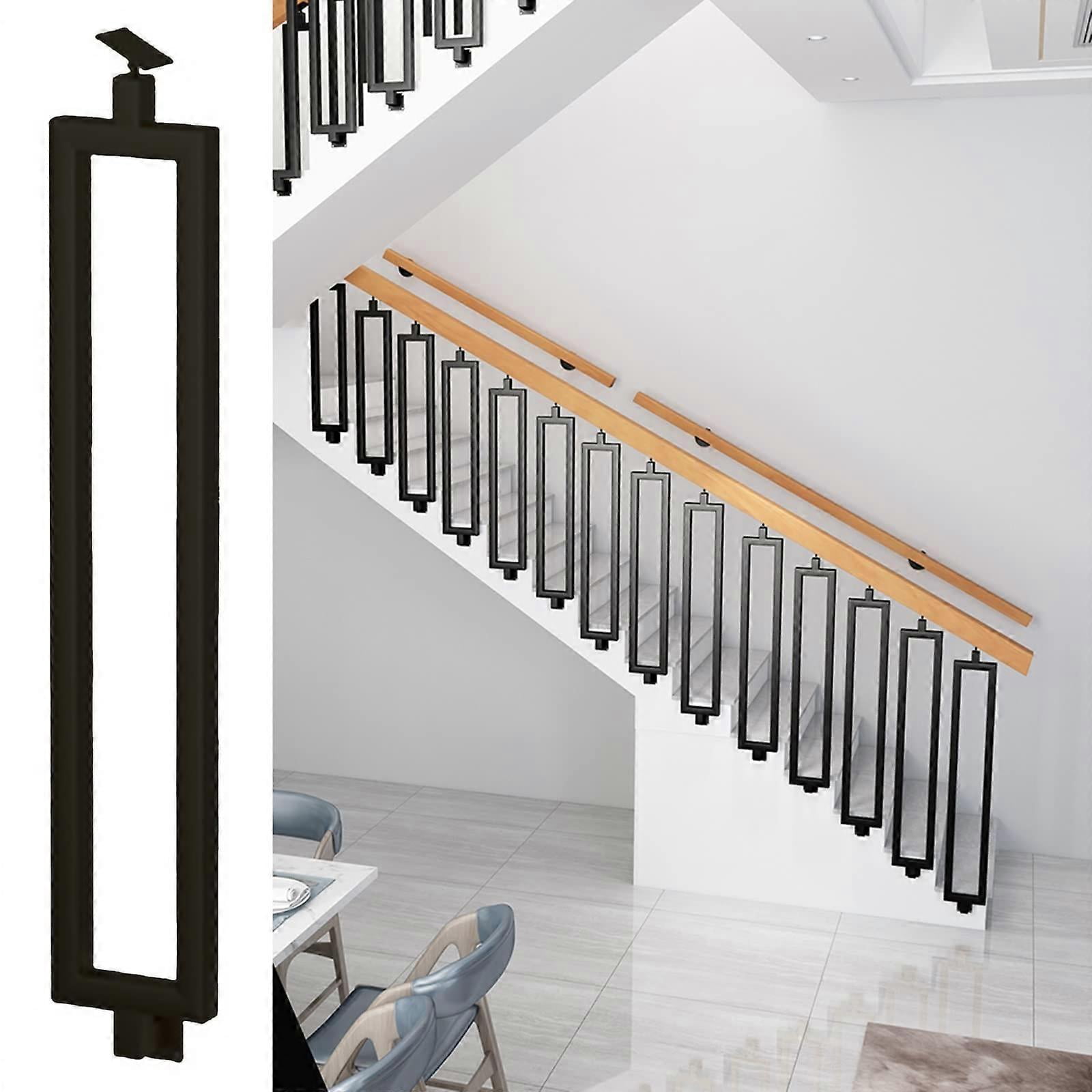 Black metal stair railings, sidemounted rectangular balusters ...