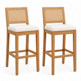 thumbnail image 5 of 28" Solid Wood Rattan Bar Stools Set of 2, Cane Woven Back Counter Height Stools with Linen Upholstered Cushion for Kitchen Island, Dining Room, Beige, 5 of 11