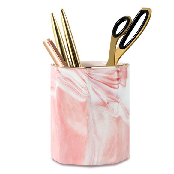 WAVEYU Porte-Stylo Rose pour Filles, Coupe Crayon en Céramique Marbrée, Organisateur de Bureau pour Diplômés 2023, Porte-Pinceau de Maquillage Durable pour Bureau, École, Salle de Classe, Maison, Marbre Rose