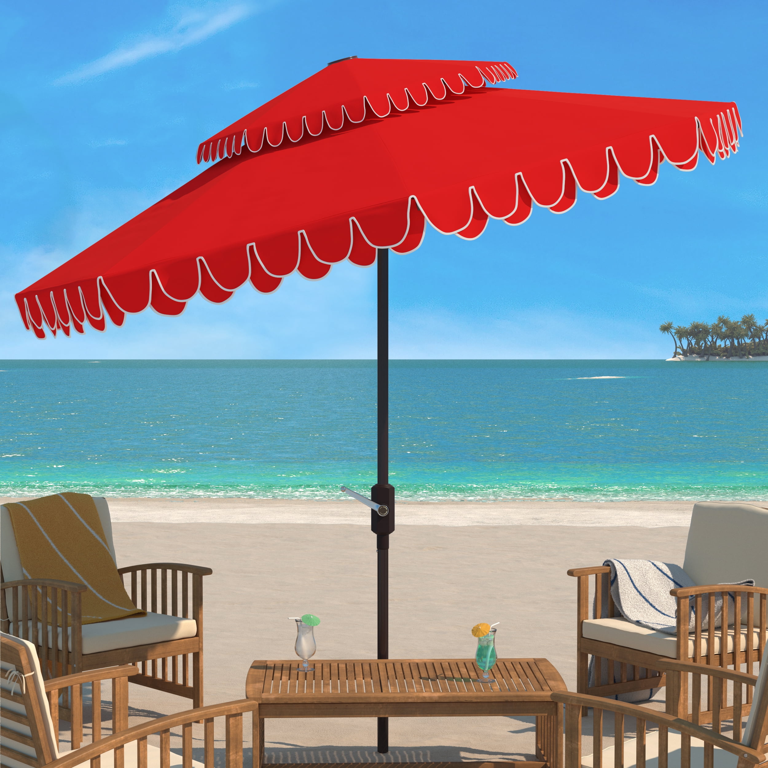 SAFAVIEH Elegant 9' Market Crank Double Top Patio Umbrella, Red