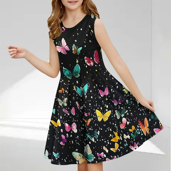 ATOGUTA 3-14 Years Girls Princess Dress Floral Sleeveless A Line Swing Skater Twirl School Party Dress Black