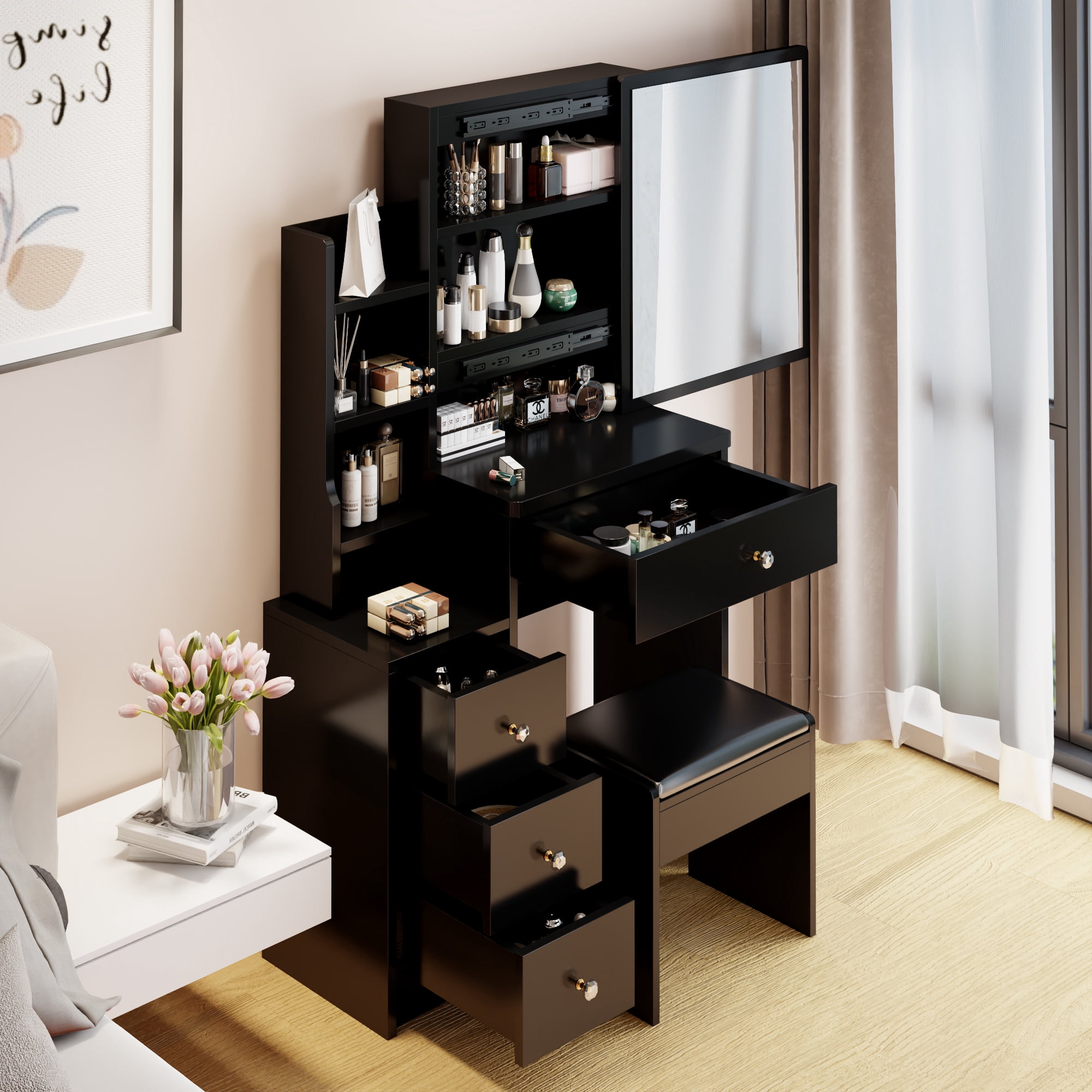 Aukfa Girls Functional Soft-Close Drawer Mirror Table Set Black-A