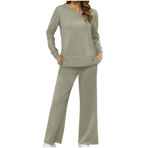 Pisexur 2 Piece Outfits for Women Fashion Casual Lounge Set Solid Color Oversized Sweatsuit Set Round Neck Long Sleeve Sweathirts Pullover Tops Loose Long Pants Track Suits