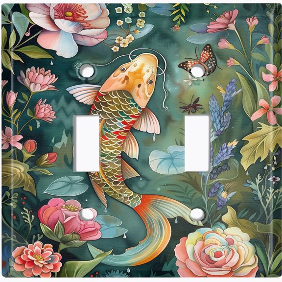 Metal Light Switch Wall Plate Outlet Cover (Koi Fish in an Enchanted Forest Pond - Double Toggle)