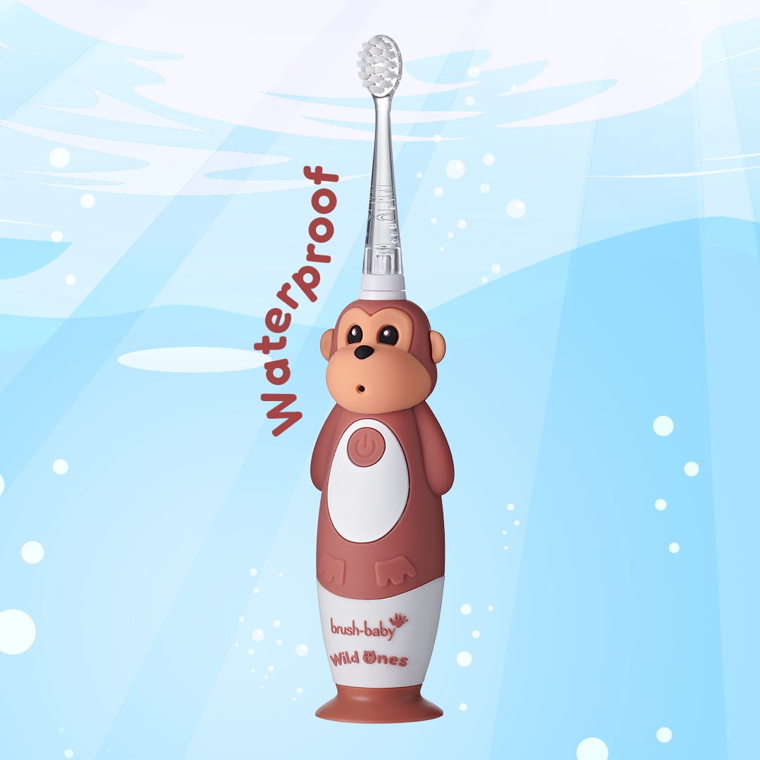 Brush-Baby WildOnes Monkey Kids Electric Rechargeable Toothbrush, Soft Bristle, 3 Brush Heads, USB Cable