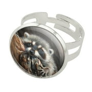 Lazy Daydreaming Raccoon in Tree Silver Plated Adjustable Novelty Ring