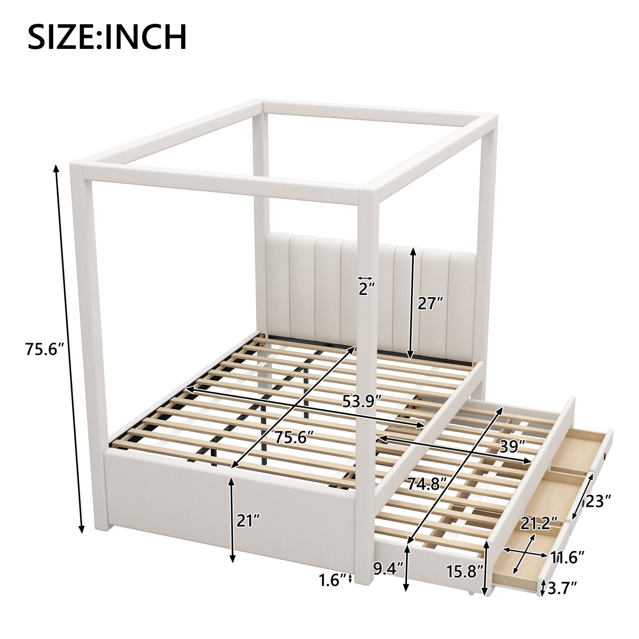 Noble House Full Canopy Platform Bed, Linen Upholstered Frame with Trundle and Storage Drawers, Beige