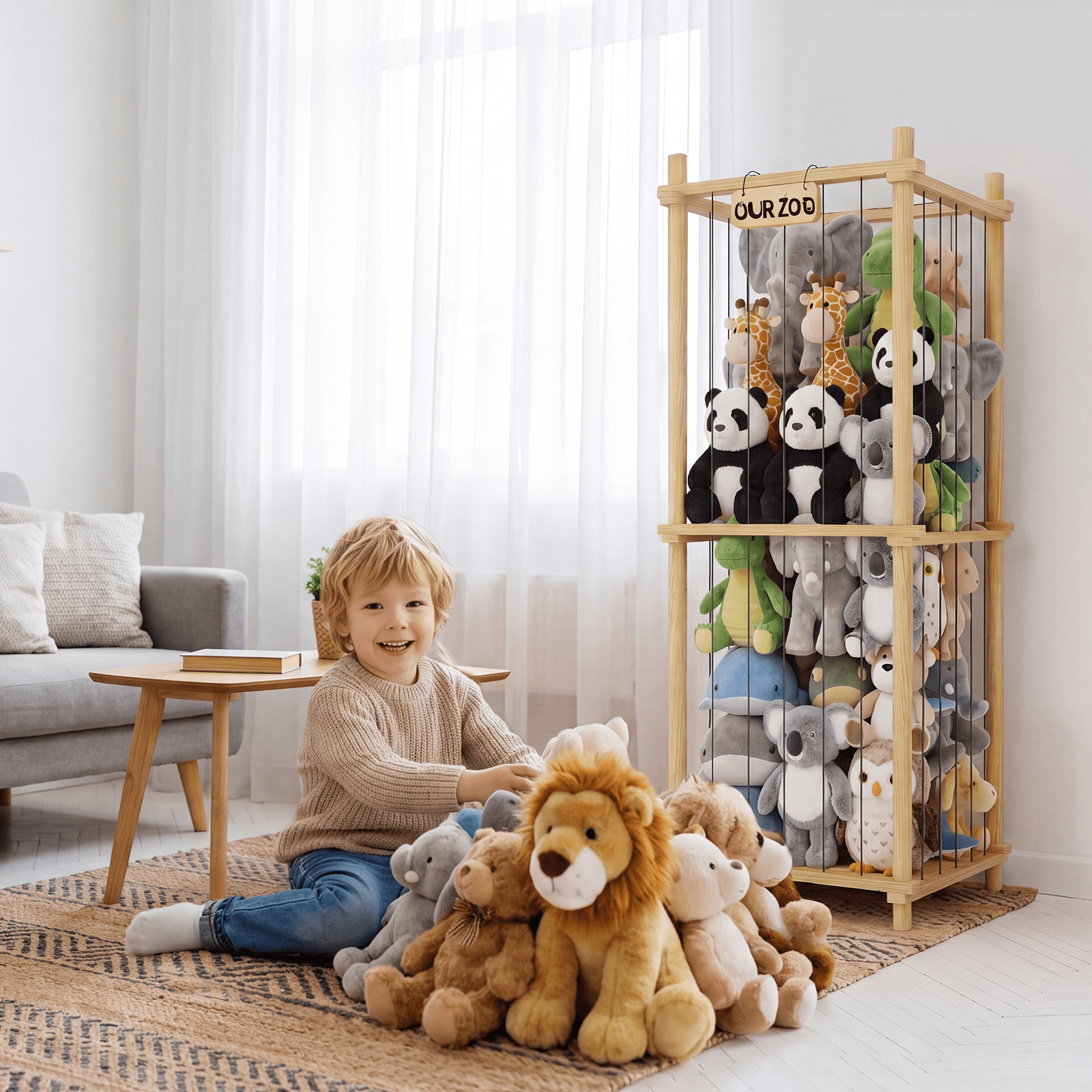 Stuffed Animal Zoo Storage Cage, 41'' Extra Large Toy Storage Bin Display for Kids Room, Playroom, Plushies, Stuffy, Toys Organizer Holder Basket, Wood