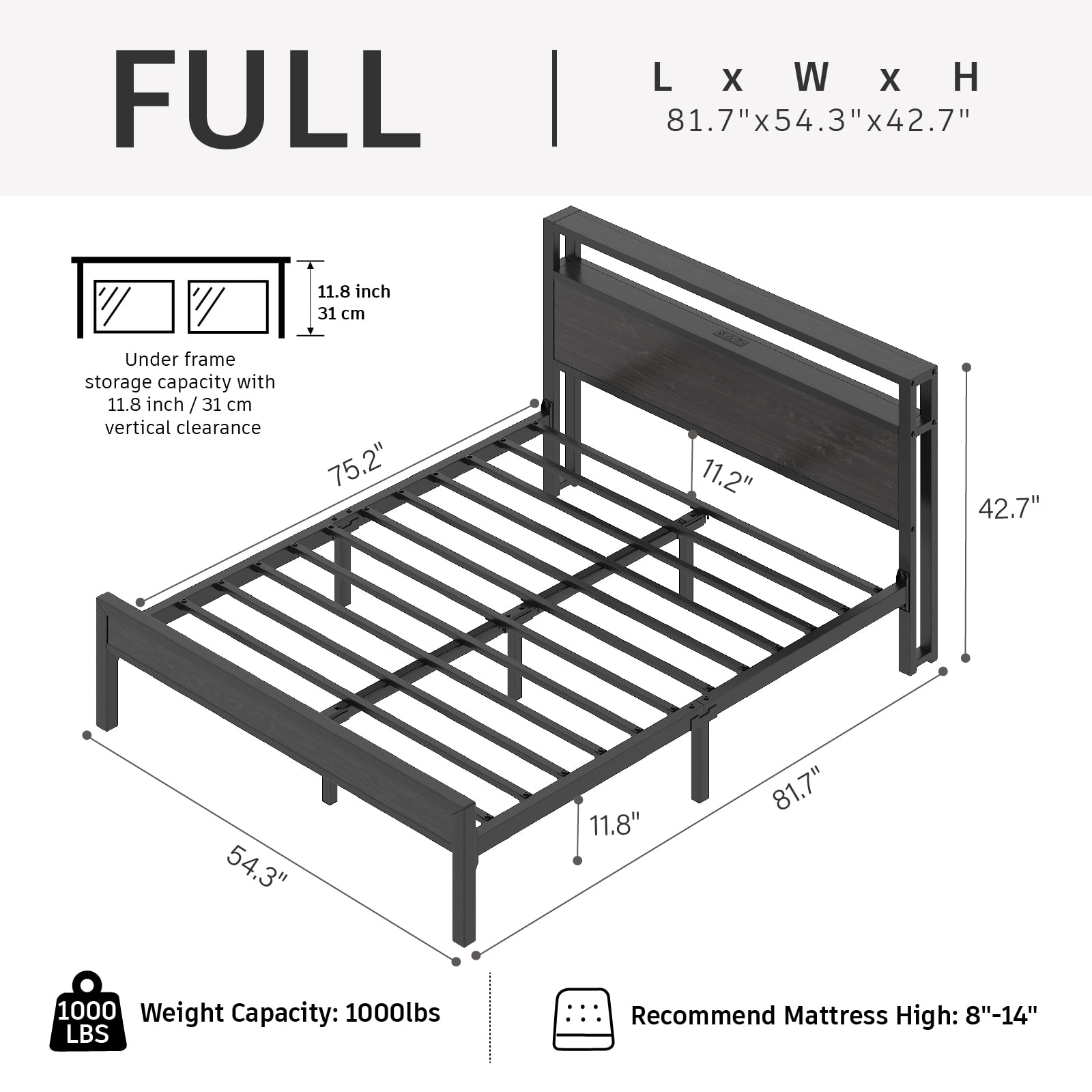 Full Size Bed Frame with Storage Headboard, Metal Platform Bed with LED Lights & Charging Station, Heavy Duty Metal Slats, Black