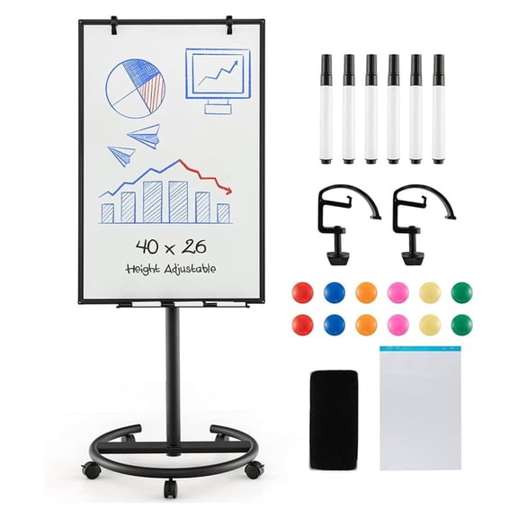 Mobile White Board Dry Erase, 40x26” Rolling Magnetic Whiteboard W/Adjustable Stand, Dry Whiteboard Eraser, 2 Flipchart , 25 Sheets Paper Pad, 6 Markers, Standing Portable White Board