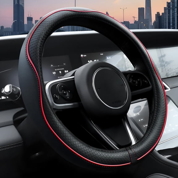 RIONIMA Car Steering Wheel Cover, Microfiber Leather Steering Wheel Covers with Anti-Slip Lining, Universal 14.5-15 inchs Black with Red line