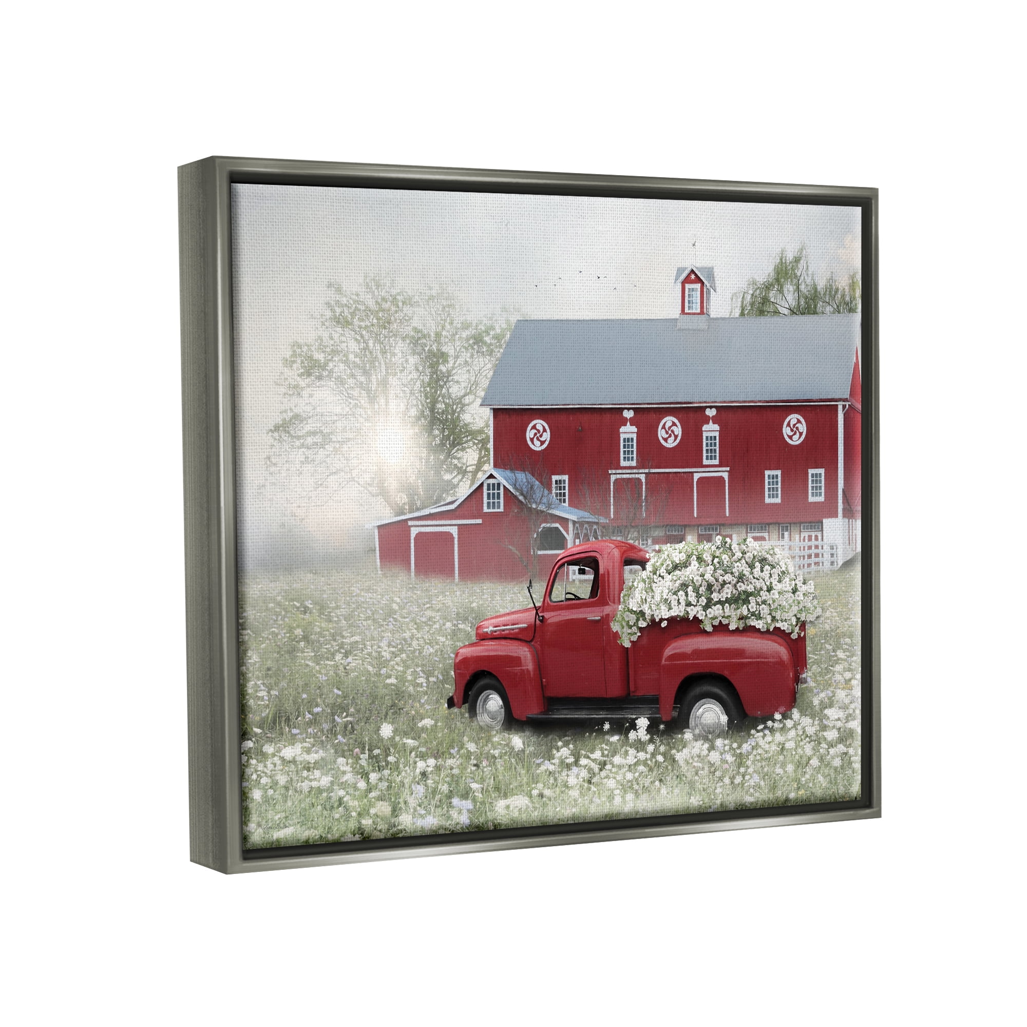 Stupell Red Truck Floral Country Meadow Transportation Painting Gray Floater Framed Art Print Wall Art