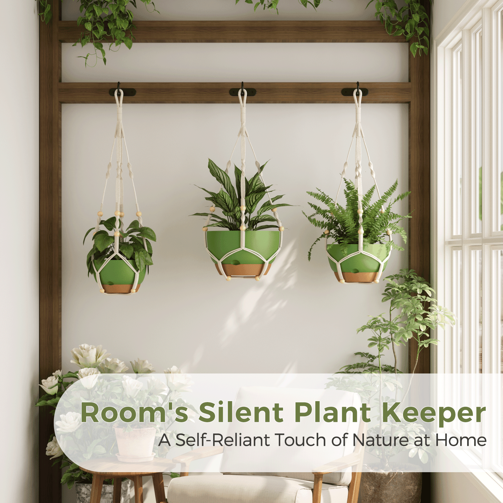 10 inch Plant Pot Hanging Planters Self Watering Pots for Indoor Plants, 3 Pack Plastic Hanging Basket with Removable Tray for Home Garden Porch Balcony Patio Decor,green