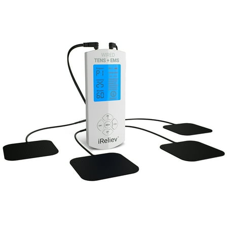 fda cleared ireliev tens unit + ems 14 therapy modes, premium pain relief and recovery system, rechargeable, large back lit display, large and small electrode pads