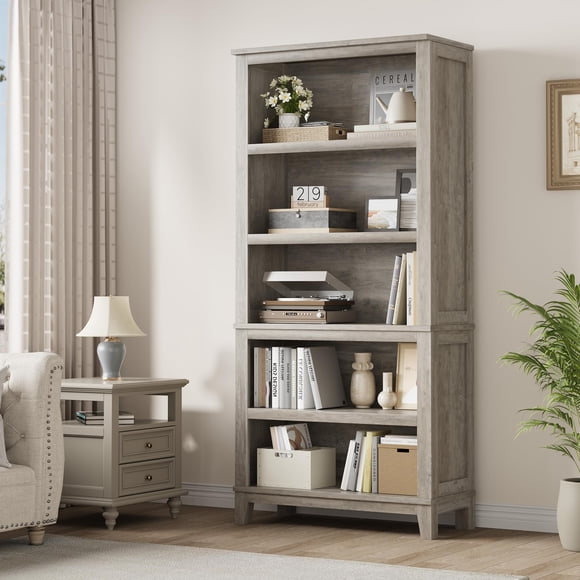 Farmhouse Style 71" 5-Tier Wooden Bookcase – 3 Adjustable Shelves – Wide Storage Display for Home Office, Living Room, Library – Freestanding Bookshelf, Grey