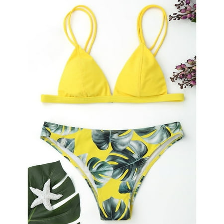 Women Sexy Bikini Set Push-Up Padded Pure Color Bra + Green Leaves Printed Bikini Panty Two-piece Swimwear Bathing Suit Swimsuit Beachwear