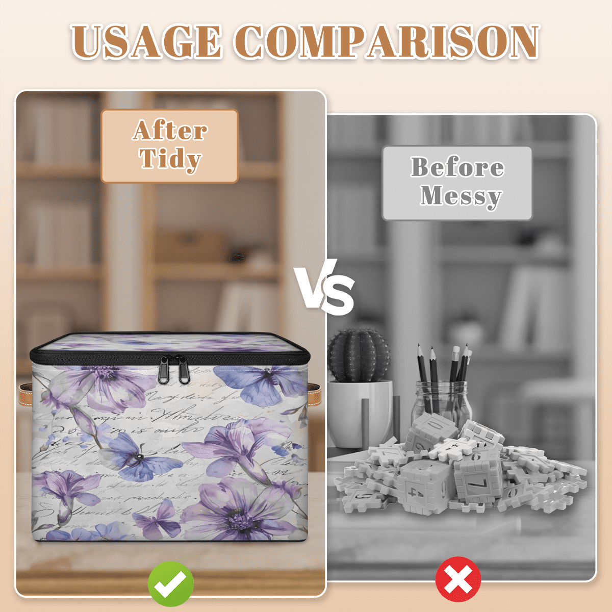 CURLYOOT Purple Flower Butterfly Fabric Storage Bins with Lids, Phrase Words Foldable Storage Boxes Washable Storage Cube, Closet Bedroom Home Organizer Containers with Handles