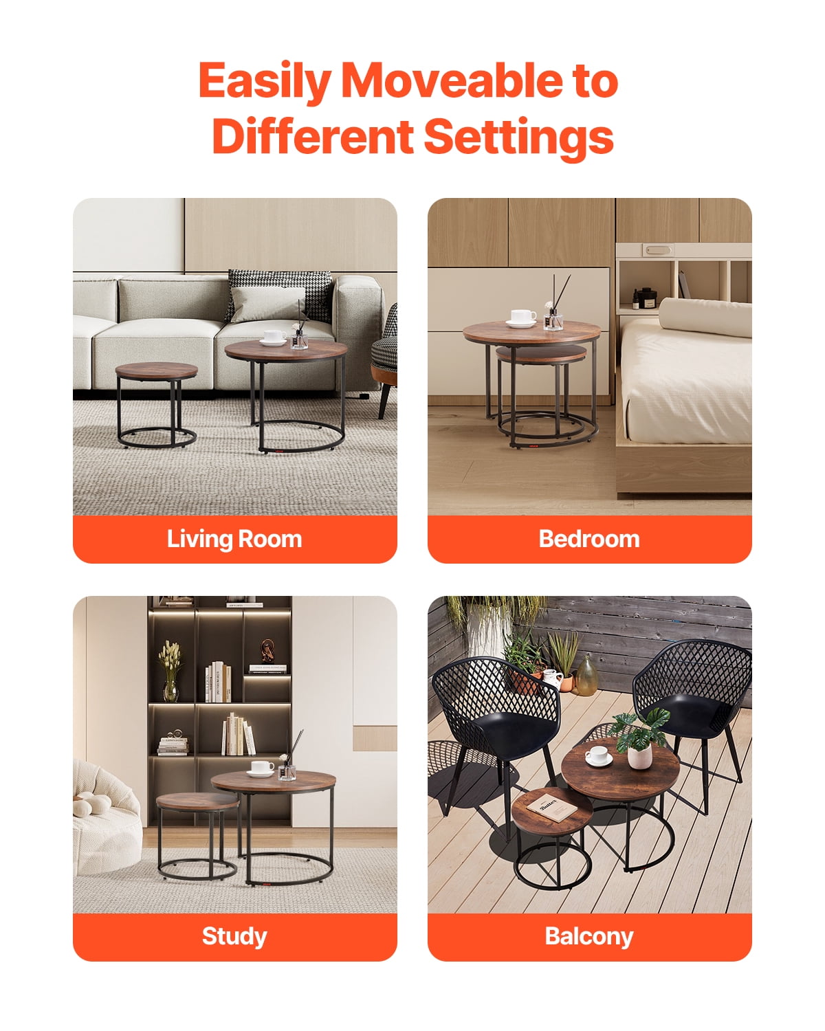 VEVOR Nesting Coffee Table Set of 2, 23.6 in Round Coffee Table,Nesting Tables for Small Place, End Side Tables Night Stand with Metal Frame, for Living Room, Bedroom, Office (Vintage Brown & Black)
