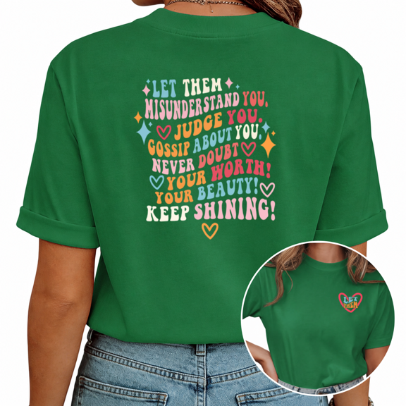 Giffimy Women's Green Dopamine Typography Graphic Short Sleeve T-Shirt Loose Fit Top