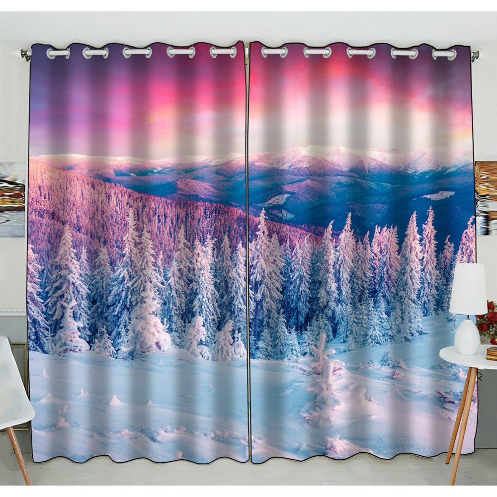 Phfzk Colorful Winter Scene Window Curtain, Carpathian Mountains And