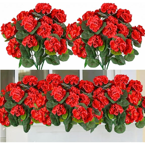 4 Packs Artificial Flowers for Outdoor 14'' Red Geranium Silk Flowers UV Resistant Garden Plants Bush Faux Flowers for Home Wedding Kitchen Table Centerpieces Grave Cemetary Vase Decor