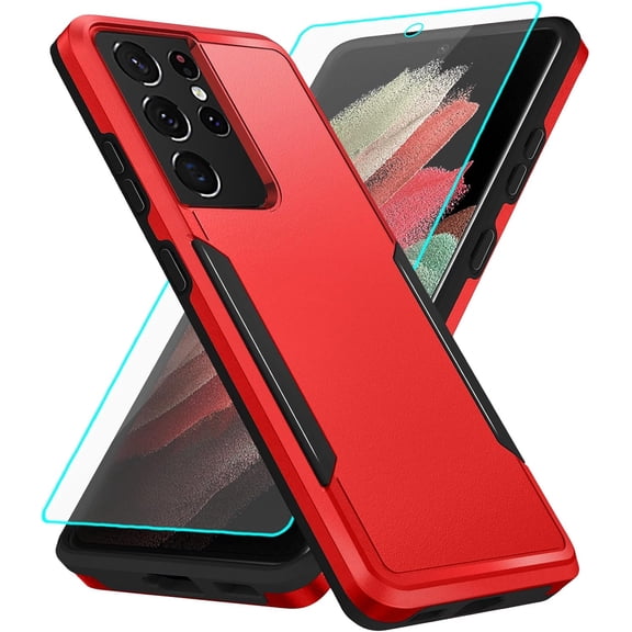 for Galaxy S21 Ultra Case with Screen Protection: Heavy Duty Protective Shockproof and Scratch Proof Cell Phone case for Samsung Galaxy S21 Ultra-Red
