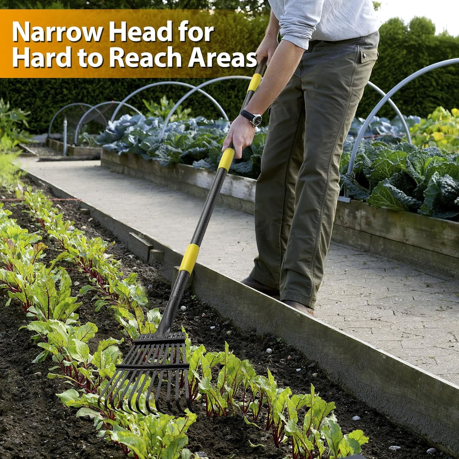 Rake, Garden Leaf Rakes for Lawns Heavy Duty, Yard Metal Rake Tools with 9" Small Narrow Head, 65” Adjustable Long Handle, 11 Steel Tines, Quick Clean up Shrub, Flower Bed, Camping