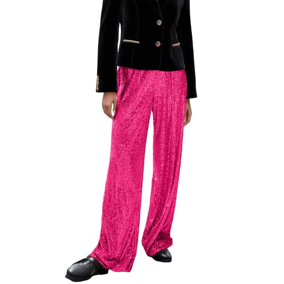 Women'S Wide Leg Sequin Trosuers Gold Sparkly Casual Pants Green High Waist Glitter Loose Trouser Women'S Casual Pants Hot Pink M