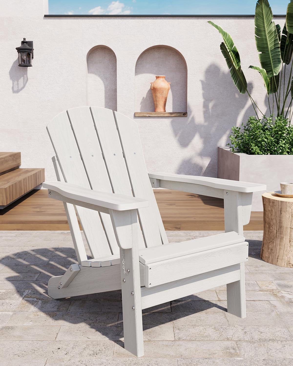 Folding Adirondack Chairs Set of 2, HDPE Plastic Outdoor Chairs with Wood Texture 380 LBS & Weather Resistant for Fire Pit, Deck, Patio, Pool, Backyard White