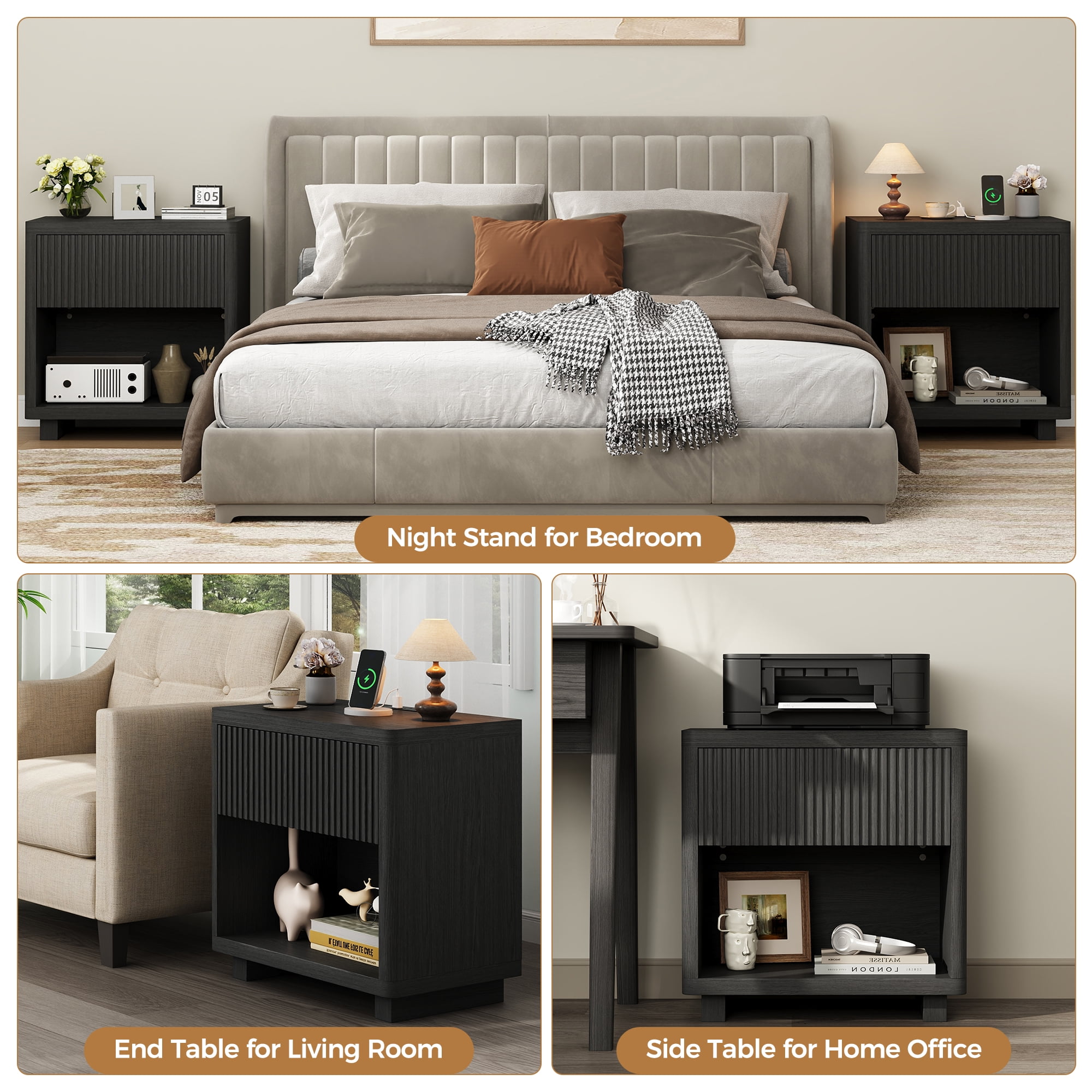 Night Stand Set 2, Nightstand with Charging Station, Modern End Table with Drawers, Bed Side Tables Set of 2 for Bedroom Living Room Sofa Couch Office(Black)