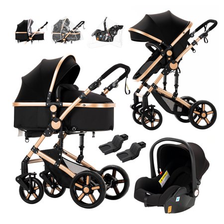 3 in 1 Foldable Reclining Newborn Pram,Easy Fold Airplane Travel Systems Baby Stroller,Unisex(Grey)
