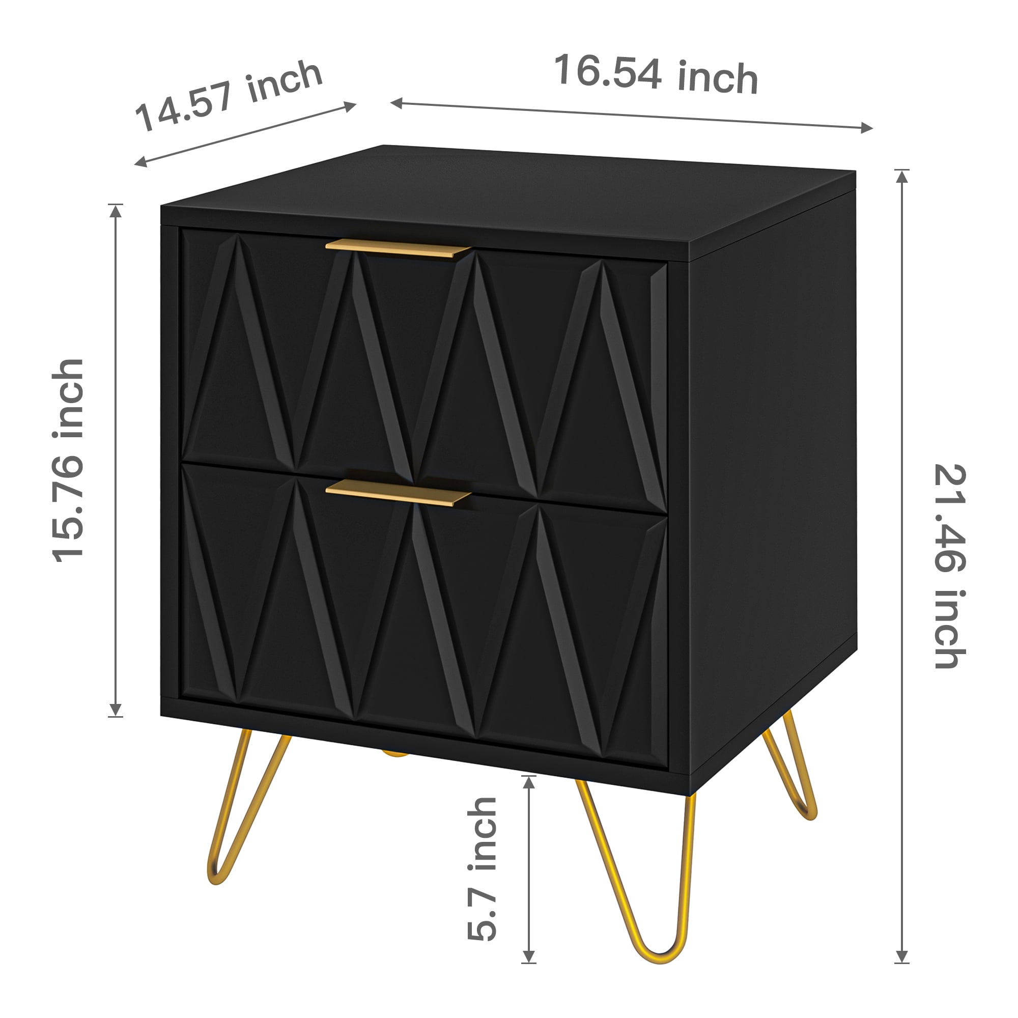 Resenkos 2-Piece Geometric Pattern Nightstands with Gold Hairpin Legs & Brass Handles, Modern Bedside Storage Cabinets for Bedroom, Black