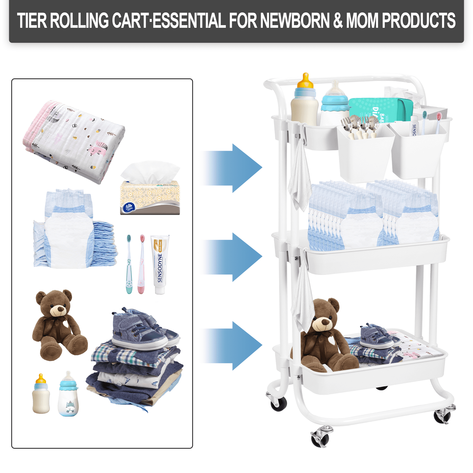 Baby Diaper Caddy Cart Metal Nursery Storage Organizer 3-Tier Rolling Cart Organizer for Diapers and Baby Wipes Newborn Essentials Storage Cart (White)