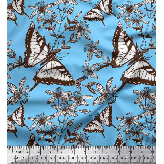 Soimoi Blue Moss Georgette Fabric Flower & Butterfly Printed Fabric 1 Yard 42 Inch Wide