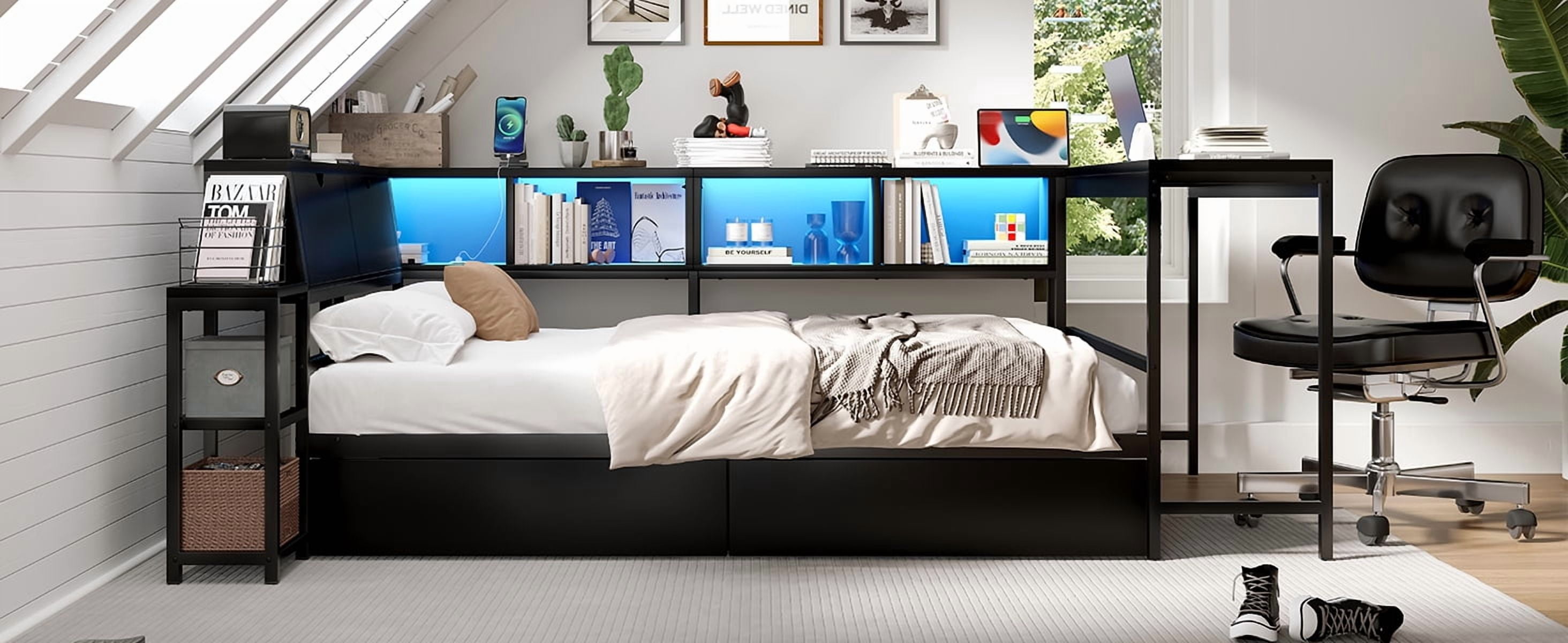 Mintazer Full Corner Bed Frame with Desk & Bookcase Headboard, Platform Bed Frame with LED Lights & Charging Station and 2 Drawers for Bedroom Living Room, Black