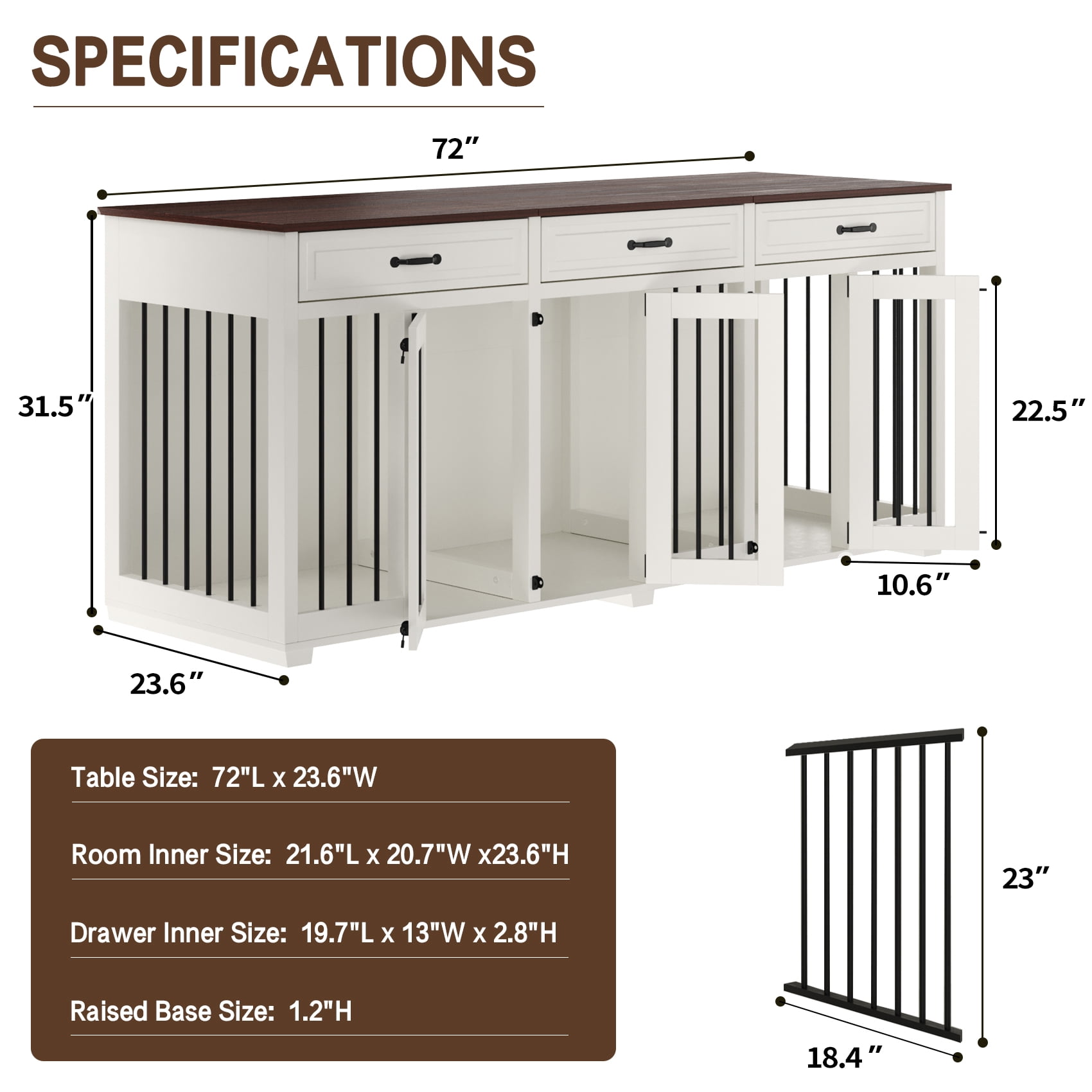 Jenser Multi-Functional 3-Door 72" Wooden Furniture Style Crate for Dogs with 2 Dividers