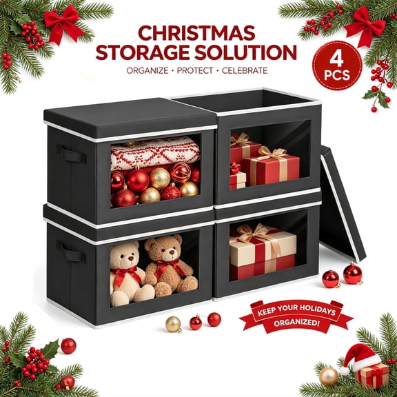 DIMJ Fabric Closet Organizers,Closet Storage Cubes, Christmas Ornament Storage Box, Stackable Storage Bins with Lids and Window for Holiday Blankets and Clothes,Towel Organizer 4-Pack,Black