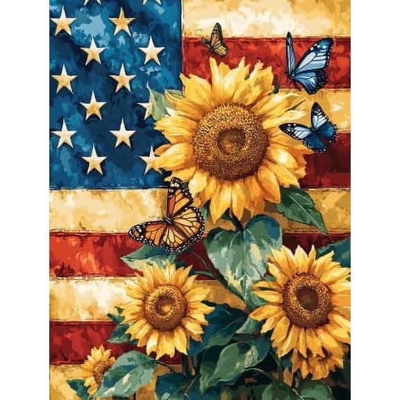 HsdsBebe Independence Day DIY Diamond Art Painting Kit, Sunflower Art Craft Gem Painting Adult and Children DIY Full Round 5D Diamond Drill Kit