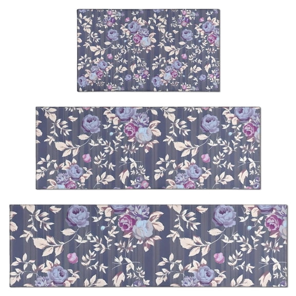 Pioneer Flower Floral Print Pattern Kitchen Rugs Sets Of 3,Kitchen Runner Rugs Non Skid Washable,Decorative Kitchen Floor Mats for Kitchen,Sink,Laundry,17"x30" 17"x47" 17"x59"