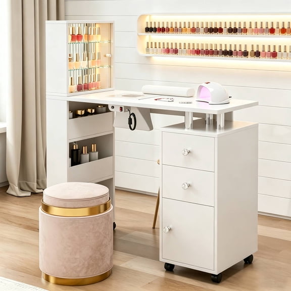 Manicure Table with LED Light, Glass Shelf Door Nail Desk with Dust Collector & Storage Shelves, Nail Tech Table with 2 Drawers & Cabinet for Technician Workstation(White)