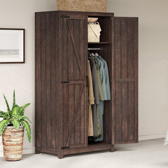 VanAcc 70" Large Armoire Wardrobe Closet with Hanging Rod, Farmhouse Clothing Storage Cabinet with 2 Barn Doors, with Shelf, Espresso