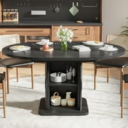 Extendable Round Dining Table for 4–8, 59 Modern Kitchen Table with Storage & Fluted Wood Sliding Door, Black