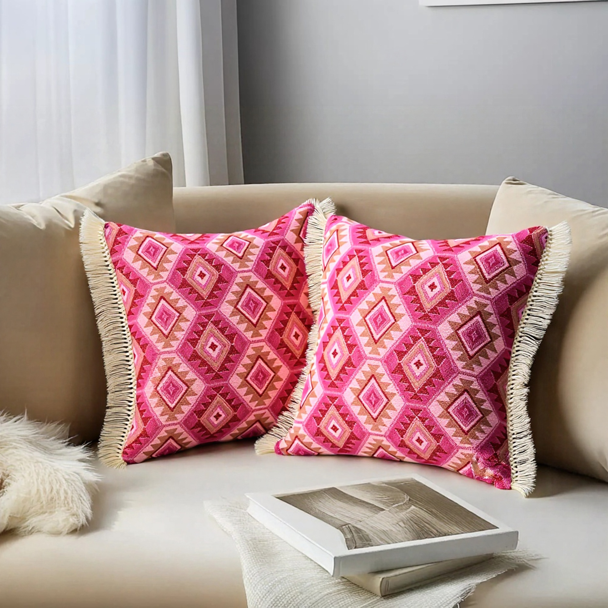 Unique Bargains Boho Throw Pillow Covers Geometric Pattern Cushion Cases 18" x 18" Pink